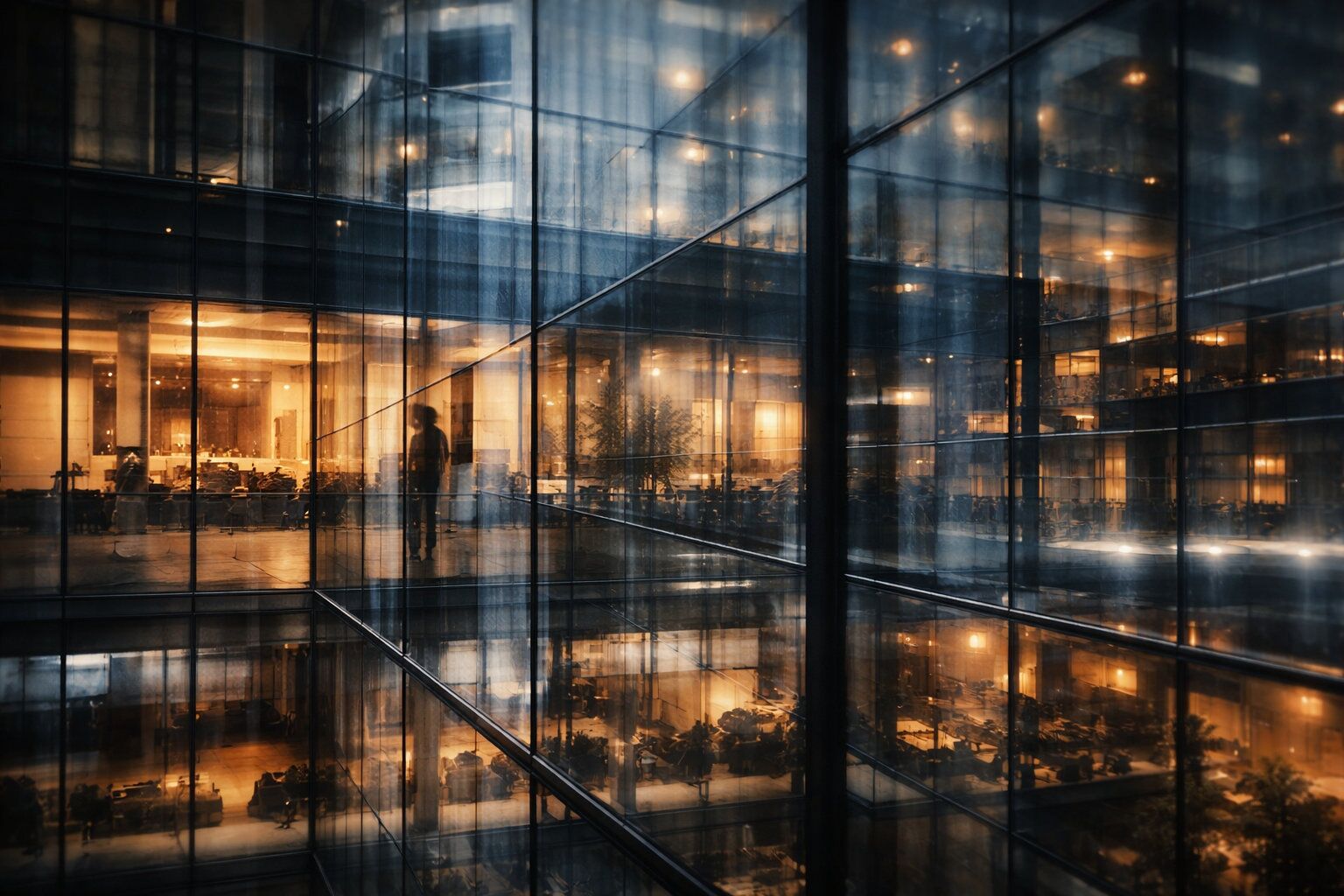 Illustrative of structured busy. Glass block of offices at night.